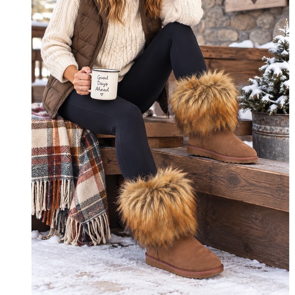 ARRAY Women's Faux Fur Boots Size 9M Brown Shaggy Y2K Après Ski Boho